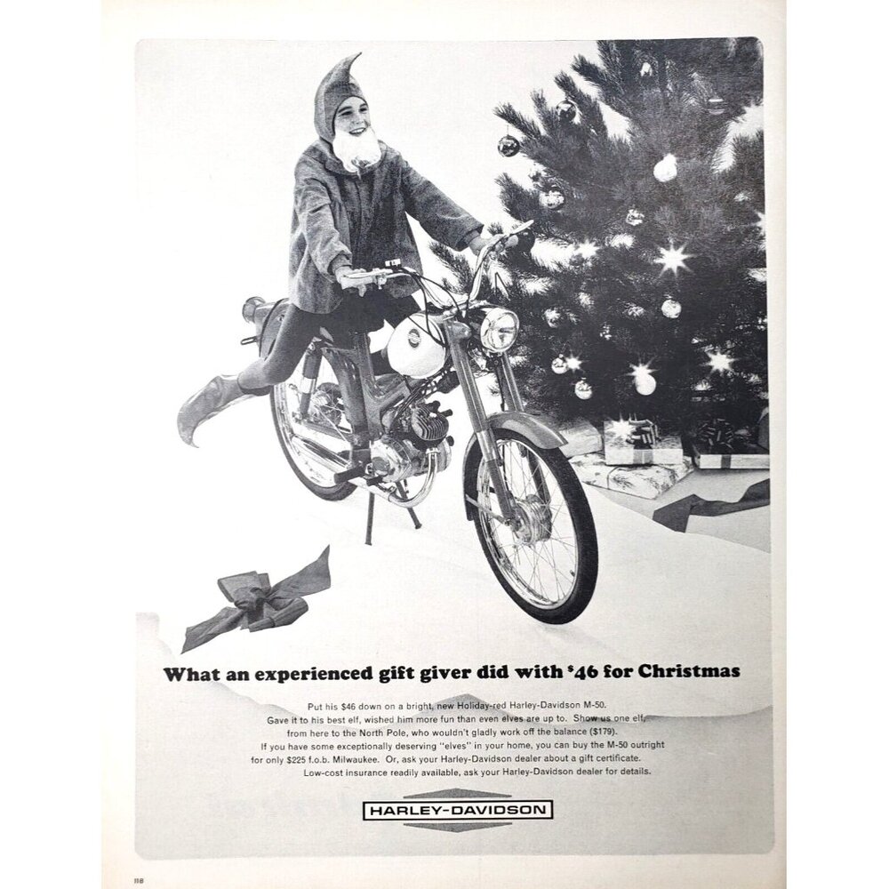 PRINT AD 1964 Harley Davidson Holiday Red M50 Christmas Elf Kid 10.5x13